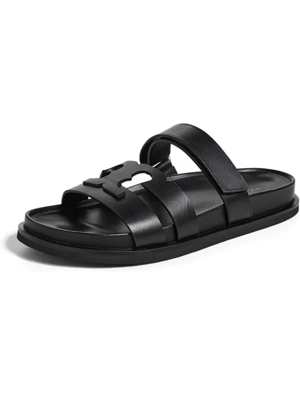 Size 7.5 - Tory Burch Ines Black Leather Logo Slide Sandals